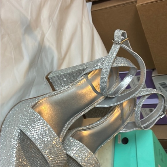 Glamorous Silver Glitter Heels with Ankle Strap - Picture 6 of 10